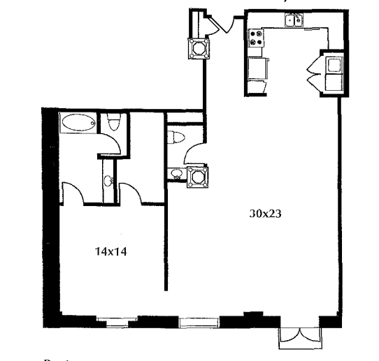 Floor plan for 1 bed, 1 bath, 1335 sqft